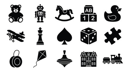 Fifteen black silhouette of various toys and game including a teddy bear, robot, airplane, and train, on a white background © Graphic Shops