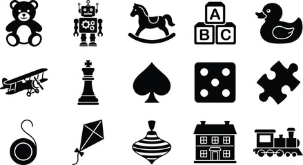 Fifteen black silhouette representing classic children toys and game pieces, arranged in a grid format on a white background