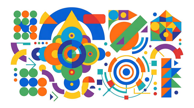Abstract Geometric Composition Featuring Vibrant Circles Squares Triangles and Pixelated Elements in a Dynamic Arrangement