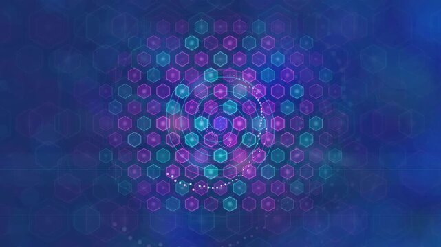 Abstract Digital Hexagon Grid Animation with Glowing Neon Purple and Blue Light Effects