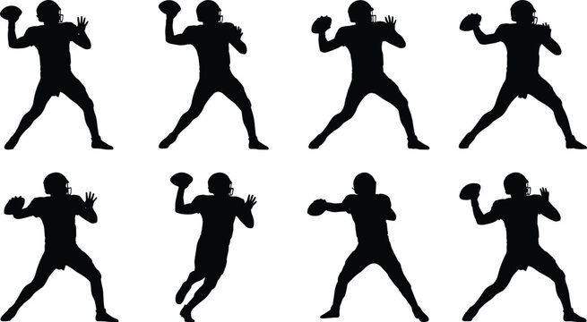 American Football Player Silhouettes Set Quarterback Throwing Action Icons