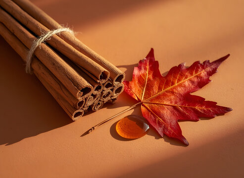 Minimalist F/W autumn baking composition with tied cinnamon sticks bundle, dried red maple leaf, and amber maple syrup drop on warm terracotta