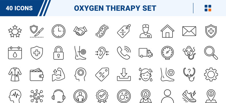 Hyperbaric oxygen therapy line icon set. Vector pictograms of hbot, chamber, medical, and clinic elements, thin linear illustration.