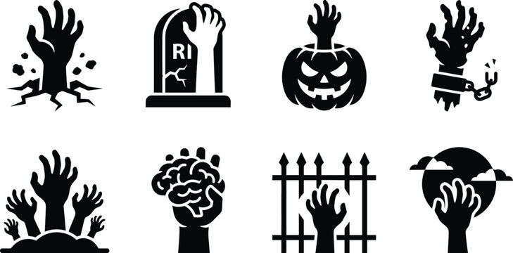 Halloween zombie hands creepy icon set. hand rising from ground, hand behind tombstone, hand reaching out of pumpkin, hand with broken shackles, crowd of zombie hands, hand holding human brain, hand b