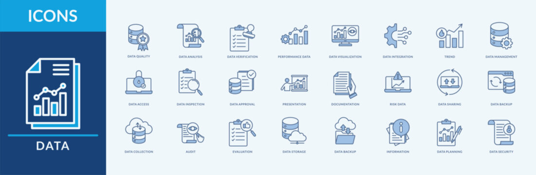 Data icon set. Containing data verification, data analysis, data quality and more. Line Blue vector icons collection