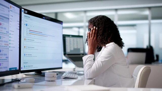 Healthcare Worker Struggles Managing Electronic Patient Records.