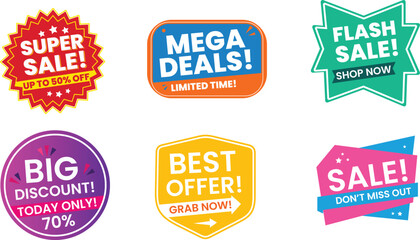 Obraz premium Sale Badges Collection, Mega Deals & Super Sale Icons, Big Discount & Best Offer Labels, Flash Sale Graphics, Vector Elements for Promotions