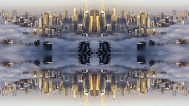 dubai with sea of clouds below the skyline made into abstract pattern