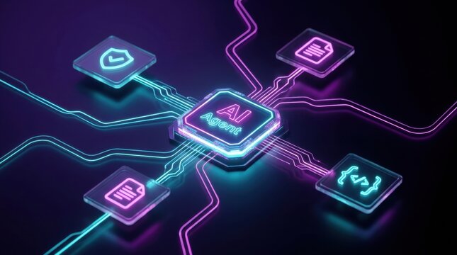 AI Agent workflow automation node connected to data security and coding icons in neon circuit style