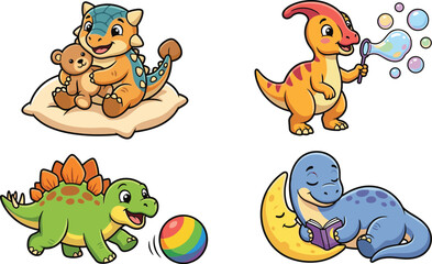 Cute Baby Dinosaur Cartoon Character Collection with Playful Activities Vector Illustration Set © Moyuri