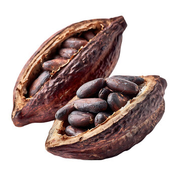 Fresh cocoa pod cut open with dark beans