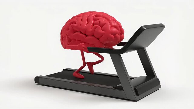 Human brain character running on a treadmill for mental exercise