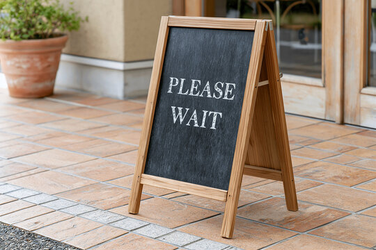 PLEASE WAIT A-frame chalkboard sign at a store entrance