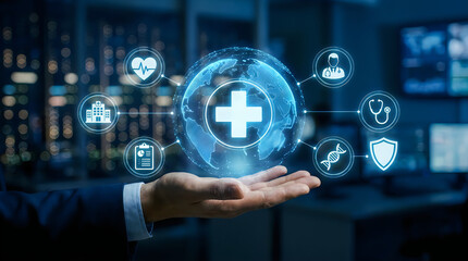 Fototapeta premium Digital globe of healthcare icons floating above hand representing global medical technology network and advanced health care services.