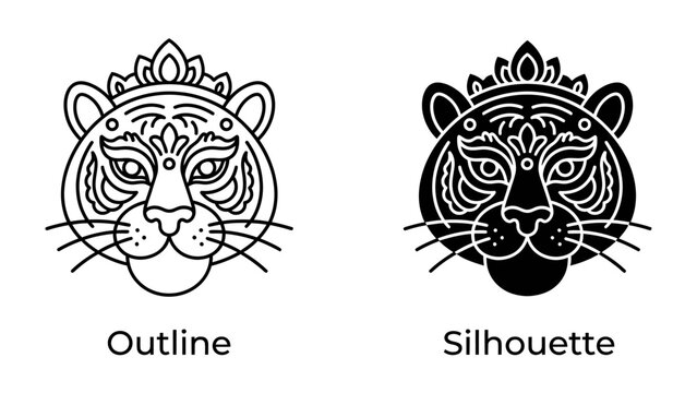 Tiger Face Outline and Silhouette: A stylized depiction of a tiger's face, presented in both an outline and a solid silhouette, showcasing intricate decorative patterns and a regal headdress.