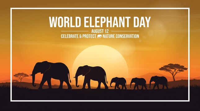 Illustration for World Elephant Day featuring a family of African elephants silhouetted against a warm gradient yellow and orange sun background