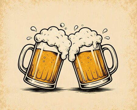 A vector stock illustration of two classic glass beer mugs clinking together, overflowing with thick white foam
