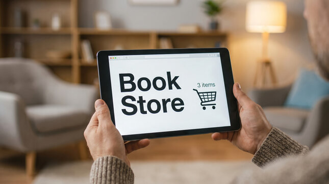 Tablet displaying Book Store cart with three selected items