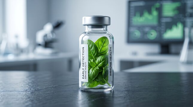 Glass vial containing green leaves inside a modern medical laboratory setting.
