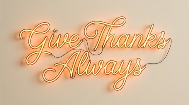 Neon sign displays the message give thanks always in glowing cursive script against a neutral wall.