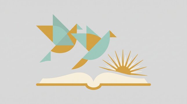 Abstract illustration of two birds flying above an open book with a rising sun.