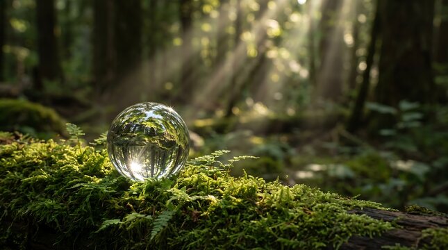 A clear glass crystal ball resting on a mossy log in a sunlit forest.