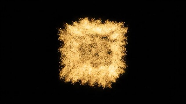 Abstract Golden Particles Forming and Dissolving a Cube on a Black Background.