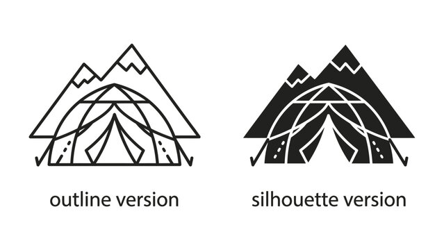 Mountain Tent Logo Design: Two stylized mountain and tent designs, one in outline and the other in silhouette, represent adventure and outdoor exploration.