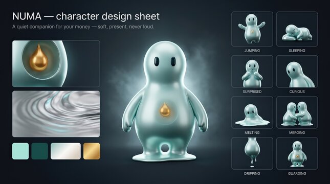 Cartoon mascot character design sheet featuring a soft, rounded figure with a golden droplet, showcasing various poses including jumping, sleeping, and curious expressions