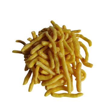A pile of crunchy indian gram flour sev snacks isolated on transparent background
