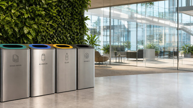 Four labeled recycling bins stand beside a lush living wall in a bright contemporary office lobby with glass walls and natural light.