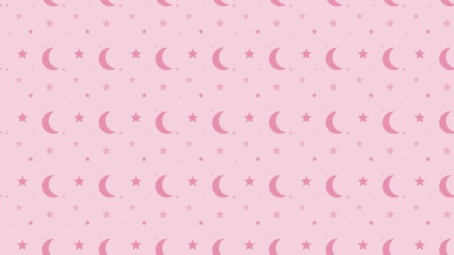 Pink crescent moon and stars pattern drifting slowly, lullaby seamless loop background