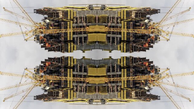 construction of a new skyscraper in dubai made into abstract mirrored pattern