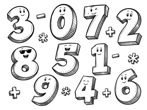 Cute hand drawn cartoon math numbers and symbols doodle collection with funny smiling characters for education