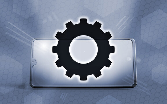 Smartphone 3D con un icono de engranaje brillante sobre una pantalla digital, representando el concepto de optimizaci&oacute;n, mantenimiento de software, configuraci&oacute;n t&eacute;cnica y soporte t&eacute;cnico.