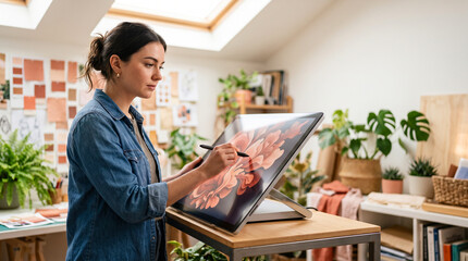Fototapeta premium Young female artist drawing digital floral illustration on a graphic tablet