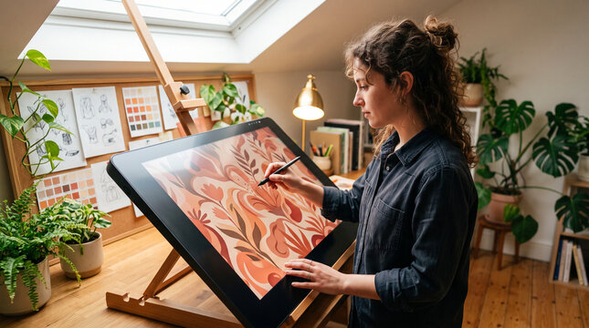 Young female artist drawing floral pattern on digital tablet in sunny home studio