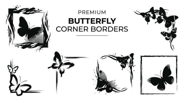 Set of decorative butterfly corner borders and frames in a hand drawn ink sketch style