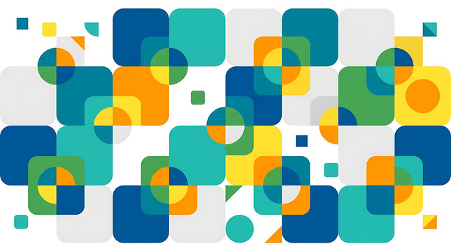 Abstract geometric pattern featuring overlapping rounded squares and circles in teal blue yellow and white creating a vibrant and modern design aesthetic