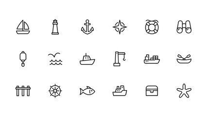 Fototapeta premium Collection of nautical and maritime icons featuring boats ships anchors and searelated symbols on transparent background