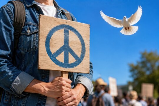 Protester holding wooden sign with blue peace symbol and white dove