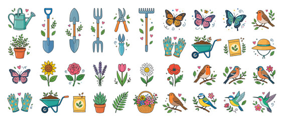 Hand-drawn Garden Elements and Birds Collection © roina