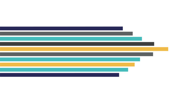 Horizontal parallel bars in teal, grey, and yellow create a modern arrow shape pointing to the right on a white canvas.