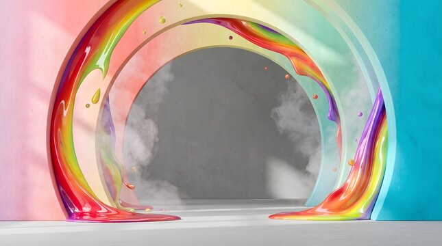 Premium commercial backdrop of pastel rainbow gradient concrete arches with flowing high gloss vibrant multi-color rainbow candy chrome metallic liquid fluid