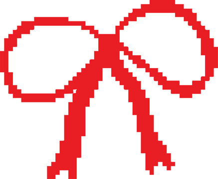 Pixel art thin red ribbon bow with long tail loops for holiday Christmas and Halloween 8-bit retro decor  on transparents background png