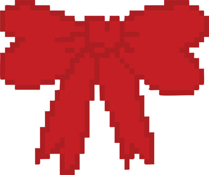Pixel art classic red ribbon bow knot with tails for holiday Christmas and coquette 8-bit retro decor  on transparents background png