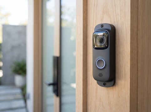 Smart doorbell camera mounted on a wooden door frame for home security.