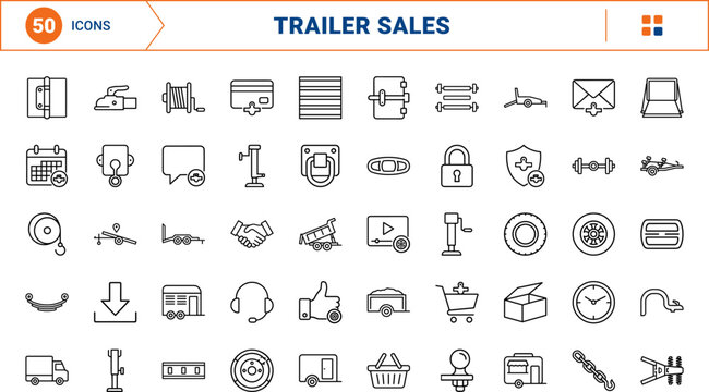 Transportation line icon set. Vector pictograms of trailer, towing, hauler, and equipment elements, thin linear illustration.