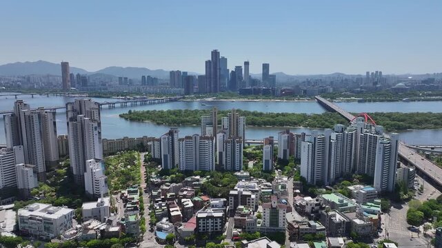 Asia, south korea, seoul, mapo-gu, sinsu-dong, apartments, houses, road traffic, han river view, drone footage