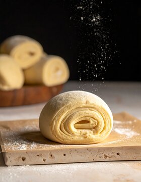 Close up of fresh raw laminated puff pastry dough roll sprinkled with flour on stone table